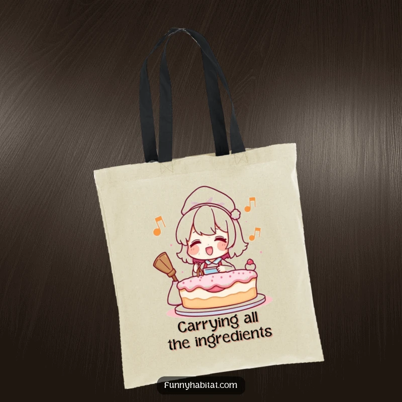 Funny tote bag featuring a stylized character humming happily while baking a cake, ideal for carrying groceries with a smile.