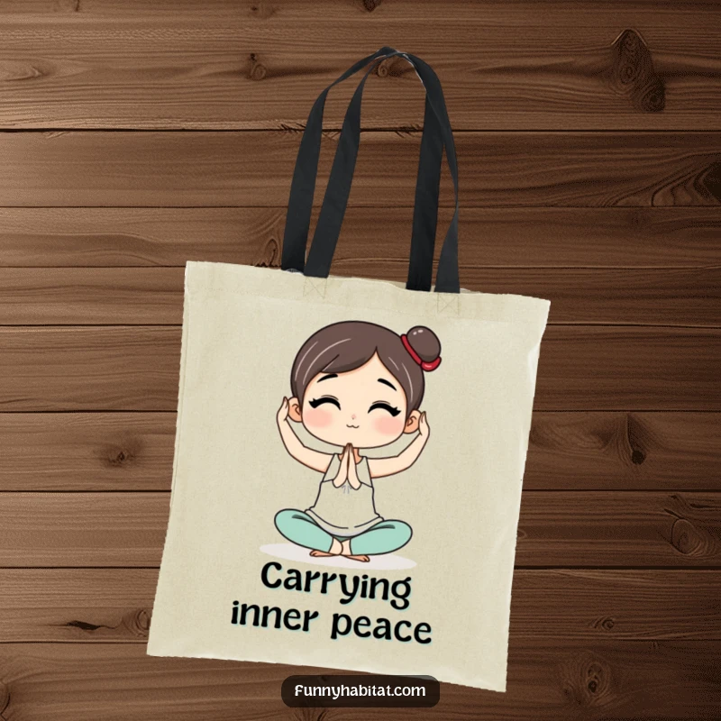 Funny Tote Bag showcasing a character in a graceful yoga pose, perfect for carrying mats and accessories to and from the studio.