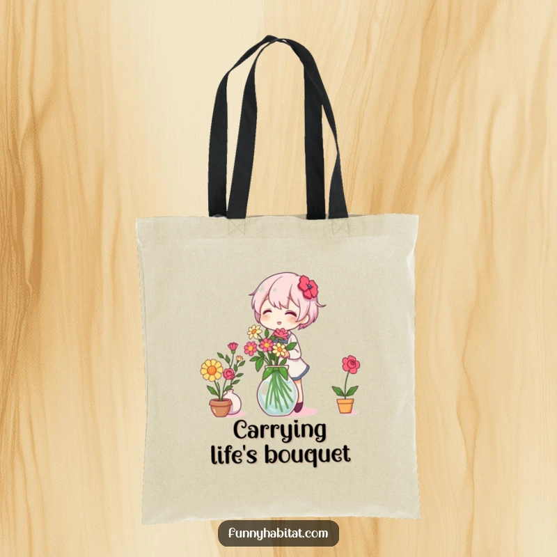 Funny Tote Bag: A character cheerfully arranges flowers in a vase, showcasing a delightful passion for botany and humor.
