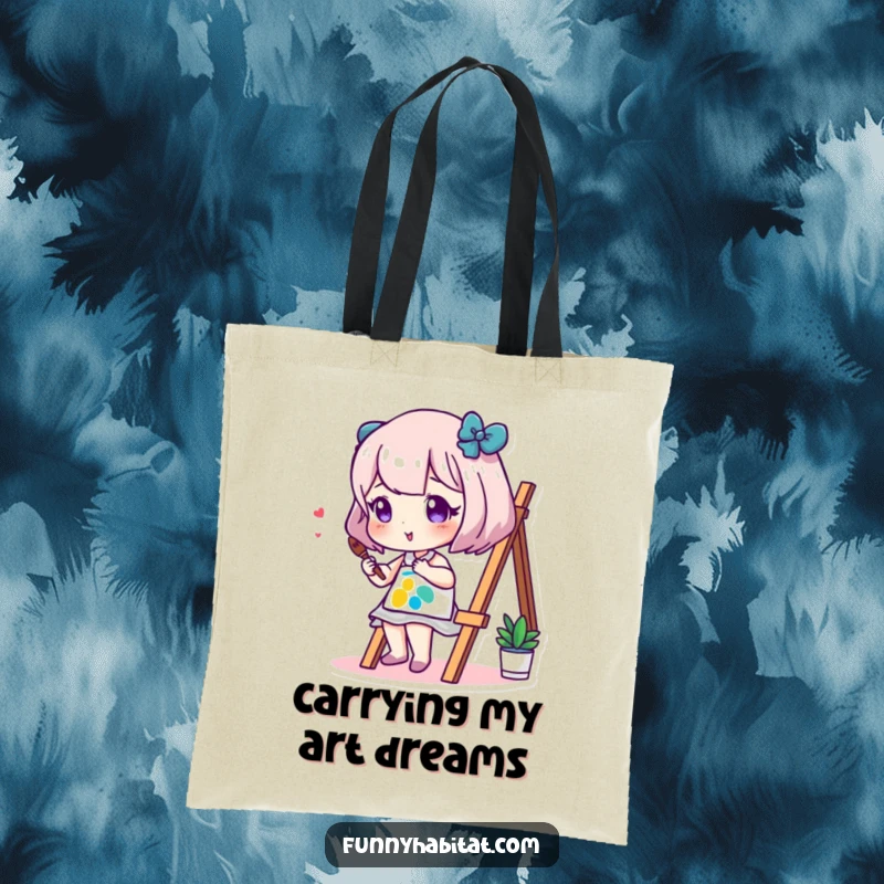 Funny tote bag with a character artist painting on a small, bright canvas, perfect for carrying art supplies and essentials.