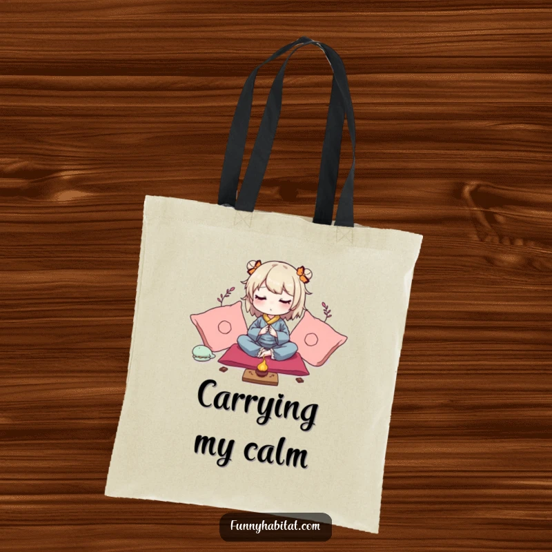 Funny tote bag with a peaceful character meditating amongst soft cushions and gentle incense, ideal for yoga.
