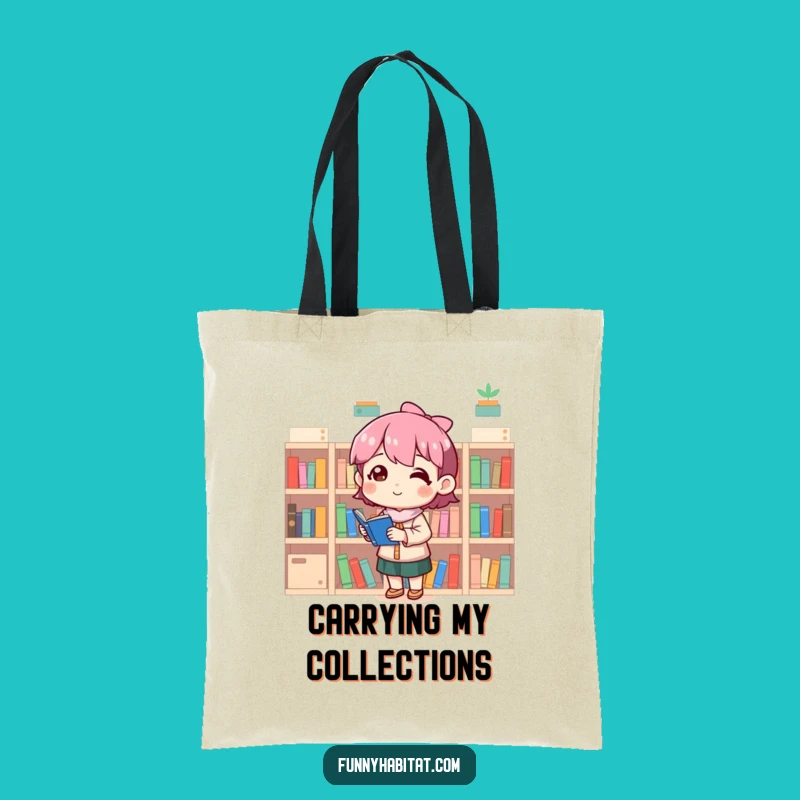 Funny Library Tote Bag: Organizer Character Carries Tiny Bookshelves, Perfect Funny Gift