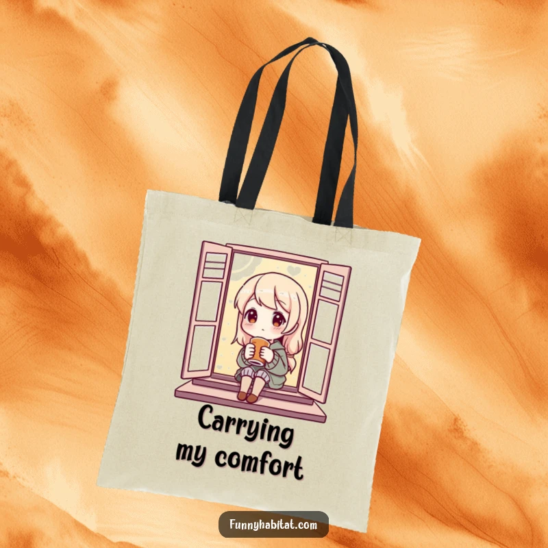 Funny Tote Bag showcasing a content character enjoying a warm beverage by a window, perfect for carrying daily essentials with style.