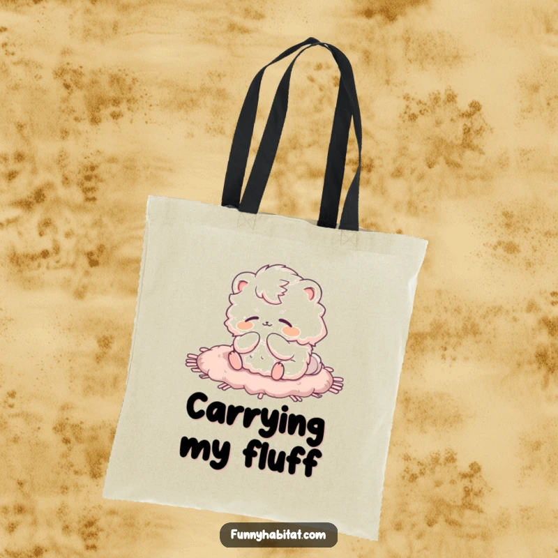 Funny tote bag with a fluffy animal character grooming on a rug, great for shopping and personal items.
