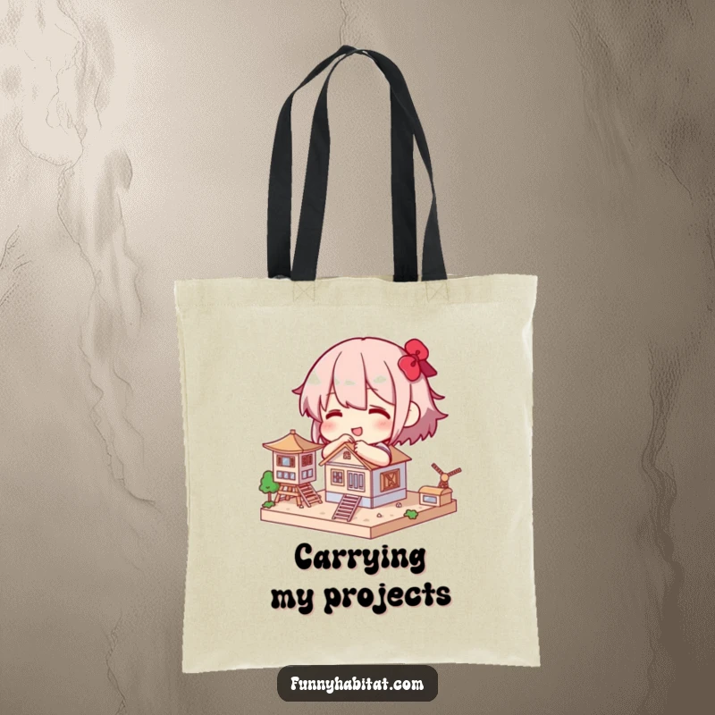 Funny tote bag with a character happily building a small, intricate model structure, perfect for carrying supplies.