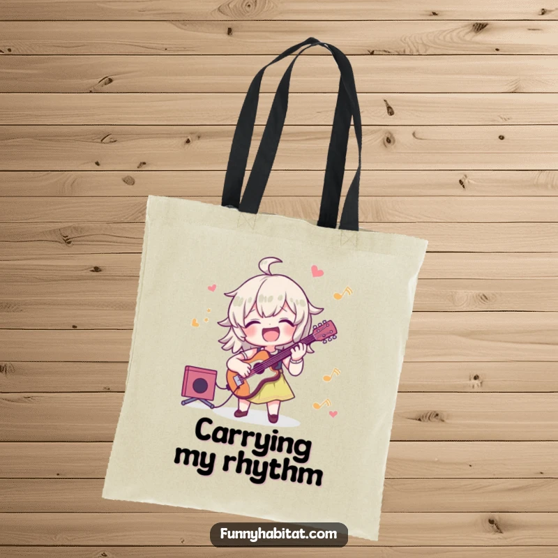 Funny tote bag featuring a character joyfully playing a musical instrument, ideal for carrying music accessories with a smile.