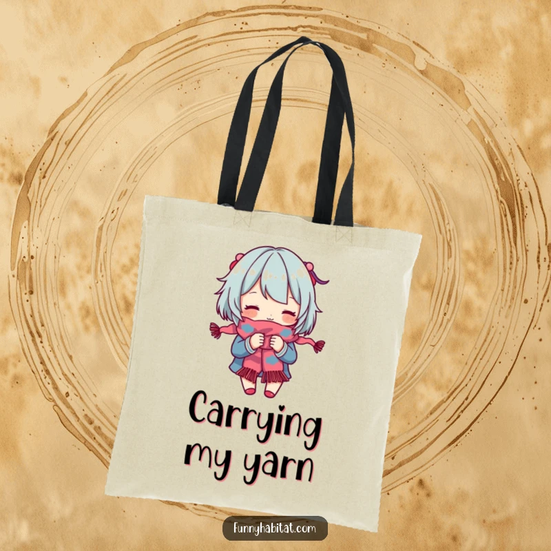 Funny Tote Bag: A character engrossed in knitting a colorful scarf, ideal for carrying craft supplies. Great gift.