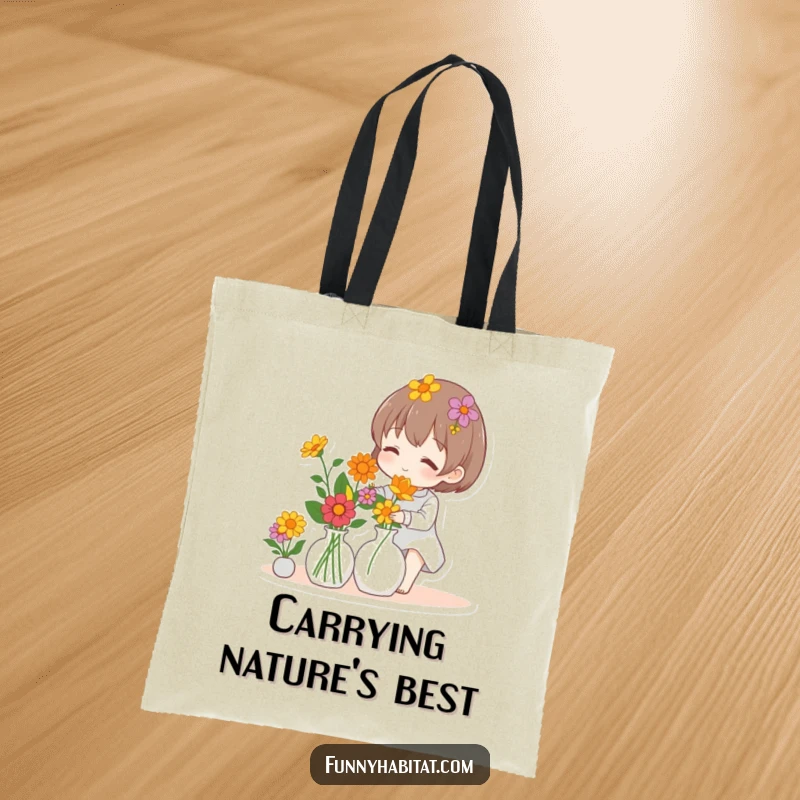 Funny tote bag with a character arranging a colorful vase of flowers, perfect for carrying essentials.