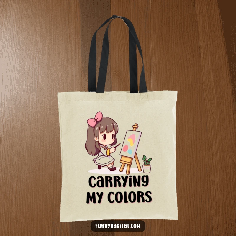 Funny tote bag showcasing a character painting on a small easel, a charming and functional accessory for artists.