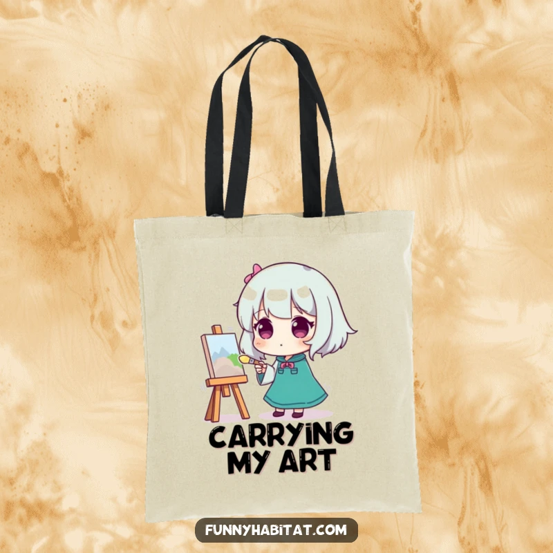 Funny tote bag with a character painting on a small canvas, brush in hand, a humorous accessory for artists.