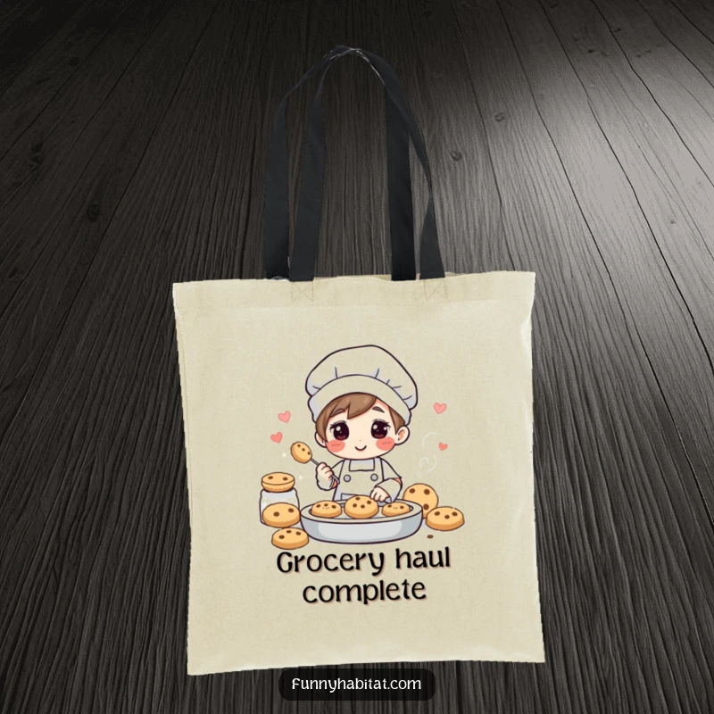 Funny tote bag showcasing a cheerful character baking fresh cookies, emitting irresistible sweet aromas, perfect for bakers.