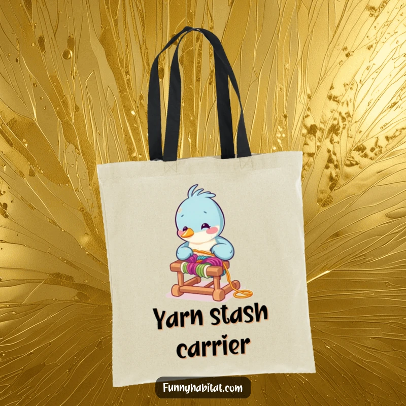 Funny bird character arranging colorful yarn on a miniature loom, a practical and humorous tote bag for crafters.