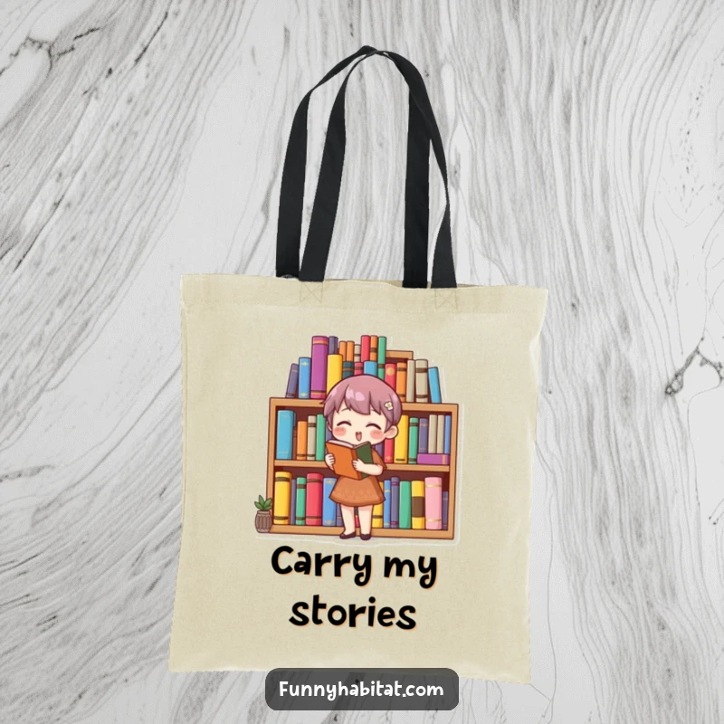 Funny bookworm tote bag with a character organizing a colorful bookshelf, perfect for carrying books and essentials.