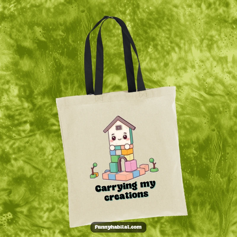 Funny tote bag depicting a character happily stacking building blocks, ideal for carrying essentials with a touch of whimsy.