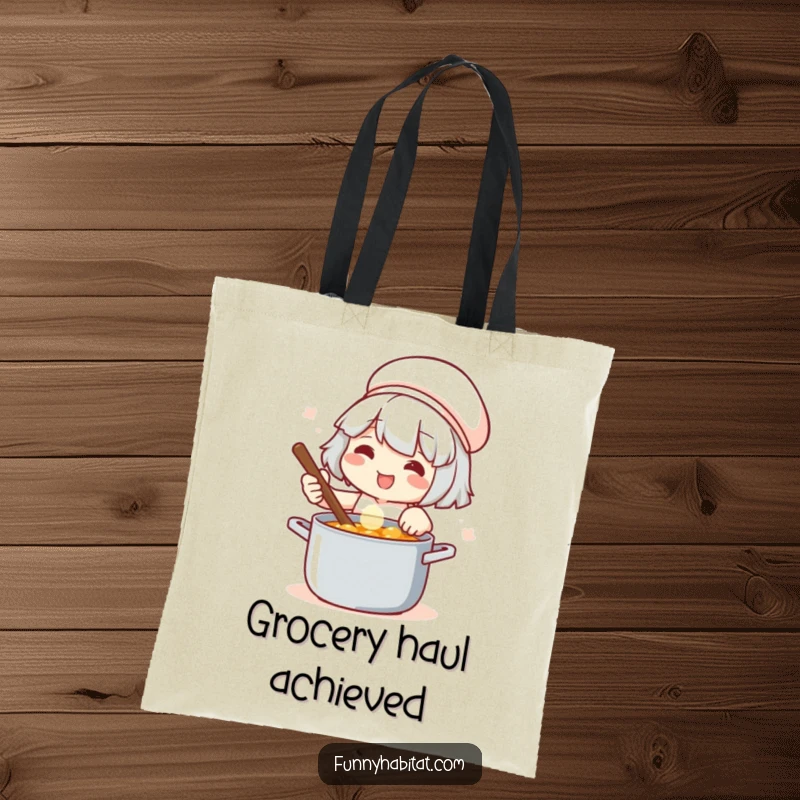Funny tote bag featuring a smiling character stirring a pot, designed for busy cooks and kitchen enthusiasts.