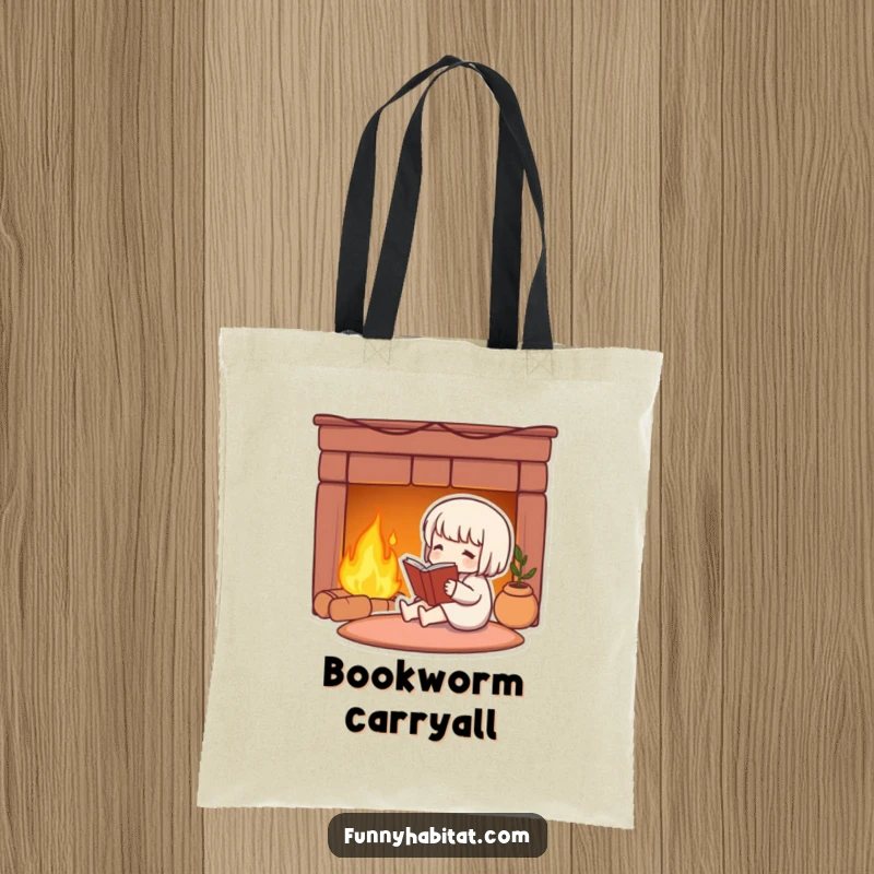 Funny tote bag featuring a cute character reading by a fireplace, symbolizing a love for books and cozy moments.