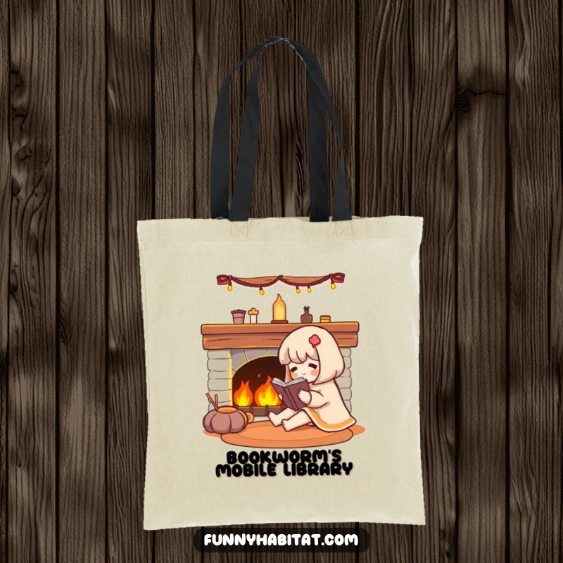 Funny character reading a book by a fireplace, depicted on a durable, humorous tote bag.