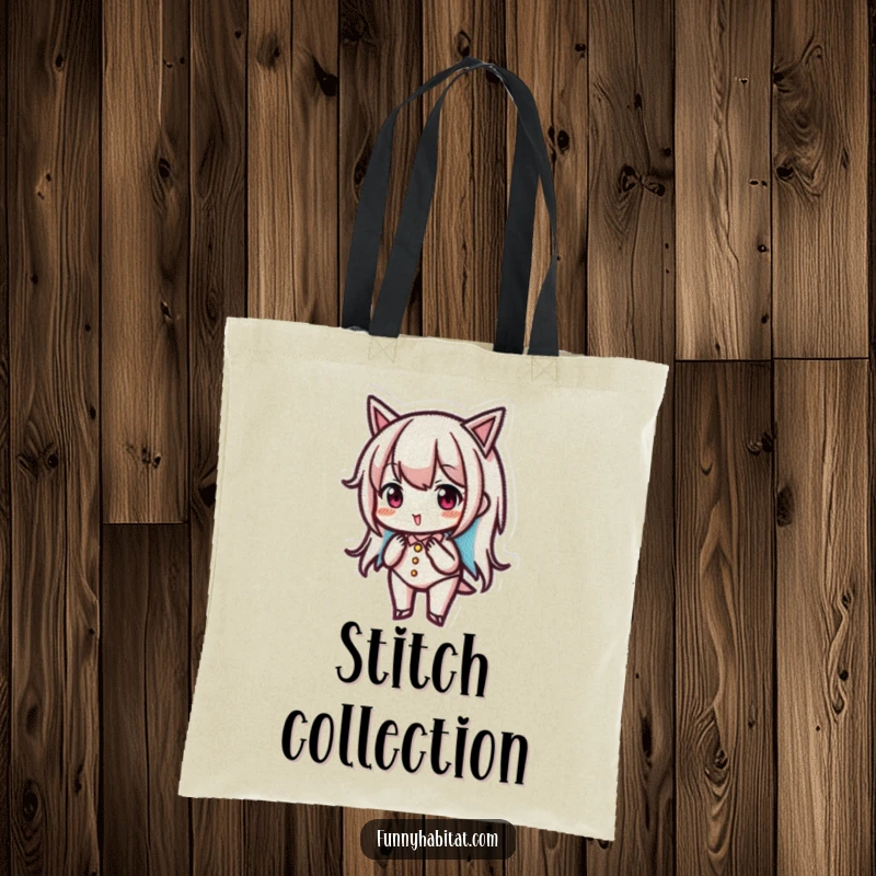 Funny tote bag showing a character focused on embroidering a small, intricate design, perfect for craft enthusiasts.