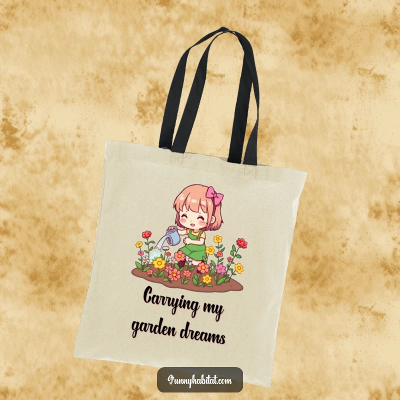 Funny tote bag with a character watering blooming flowers, ideal for gardeners carrying supplies with joy.