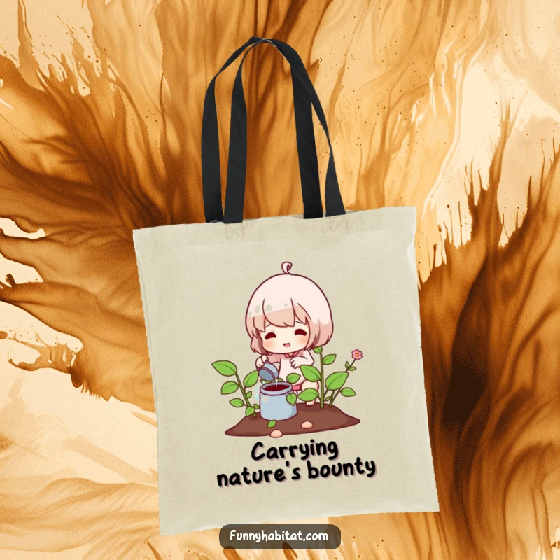Funny tote bag with a character cheerfully watering a vibrant plant, perfect for carrying groceries or gardening supplies.