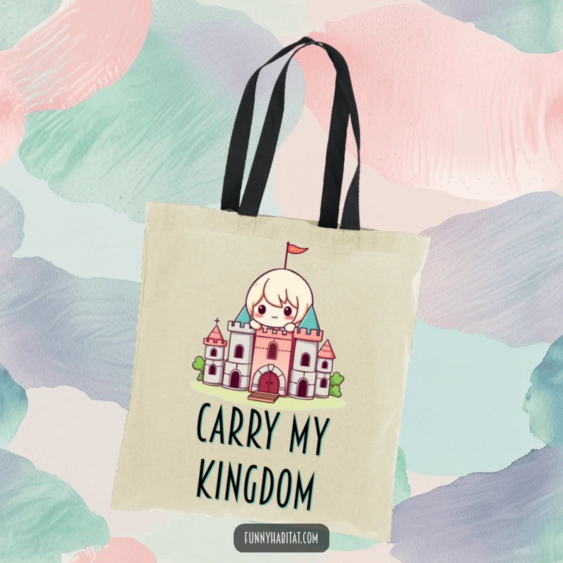 Funny Kawaii Tote Bag, a playful character builds a small castle with blocks, practical and cute.