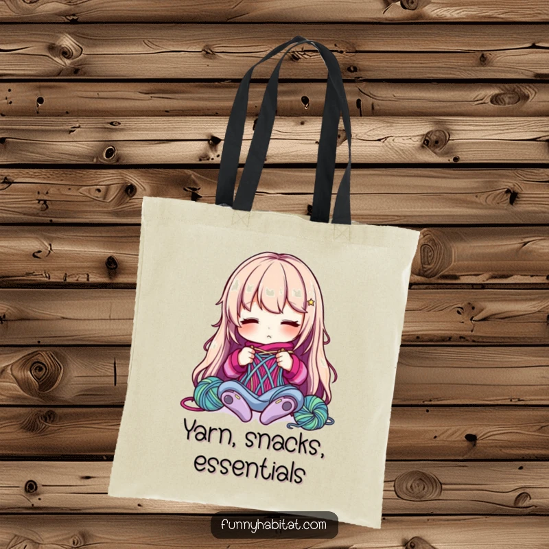 Funny Tote Bag: A character intently knits with vibrant yarn, showcasing a passion for fiber arts in a humorous way.