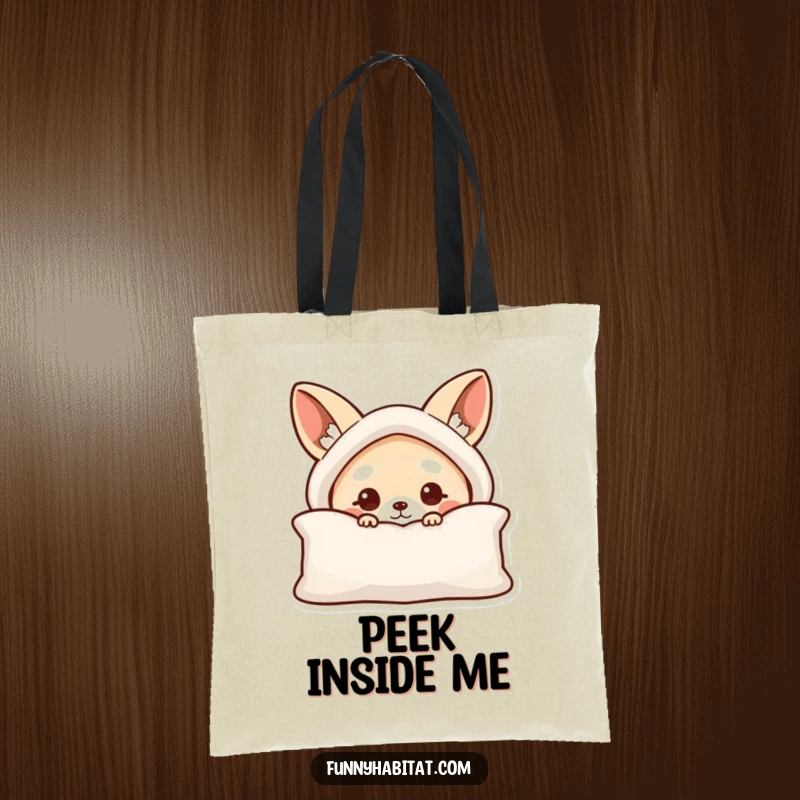 Funny tote bag with a curious animal character peeking from behind a cushion, great for shopping and daily use.
