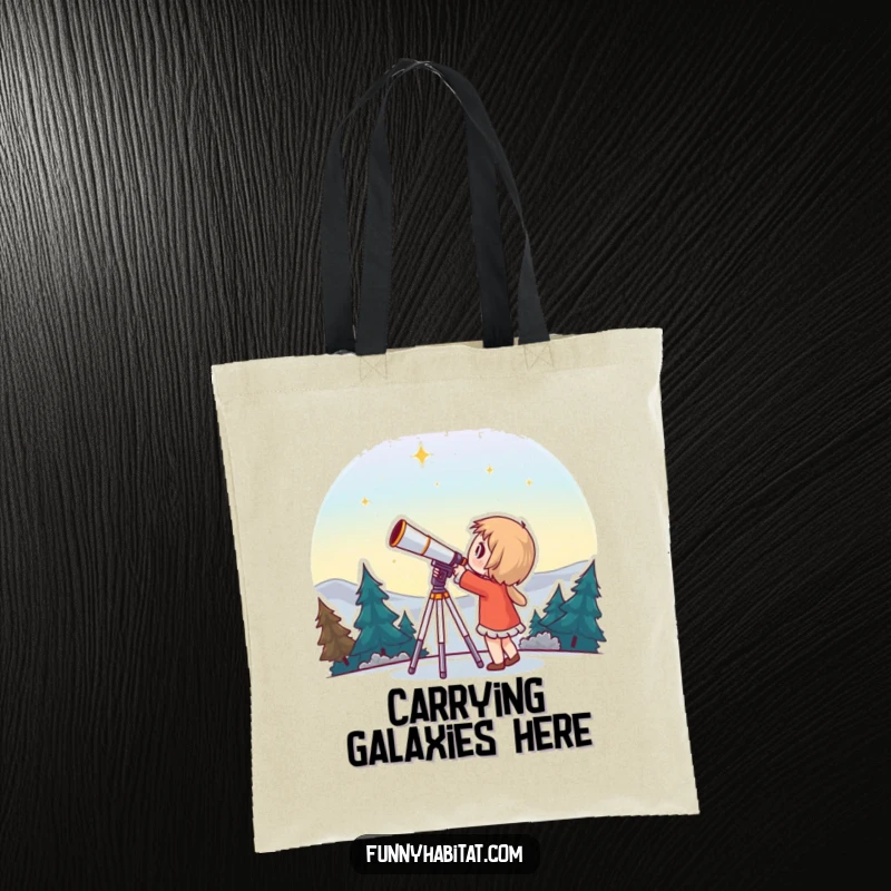 Funny tote bag with a character using a telescope to gaze at the stars with awe and fascination.