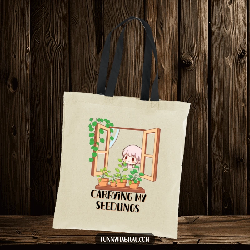 Funny tote bag showing a cute character happily watering a small, vibrant potted plant in a window, great for shopping.