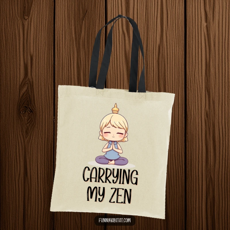 Funny tote bag with a character in a calm, serene yoga pose, ideal for carrying yoga essentials with mindfulness and humor.