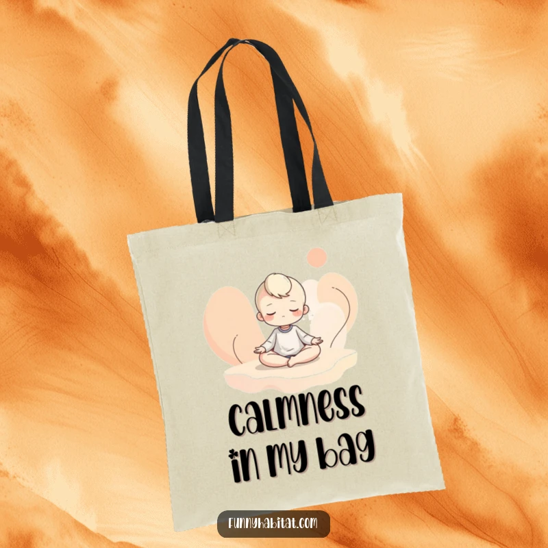 Funny tote bag featuring a character meditating amidst flowing abstract shapes, perfect for carrying items with a touch of serene humor.