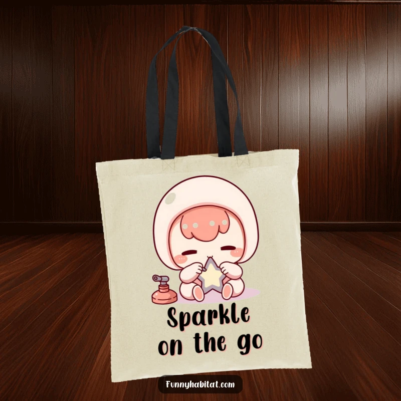 Funny Kawaii Tote Bag, a diligent character carefully polishes a small star, practical and stylish accessory.
