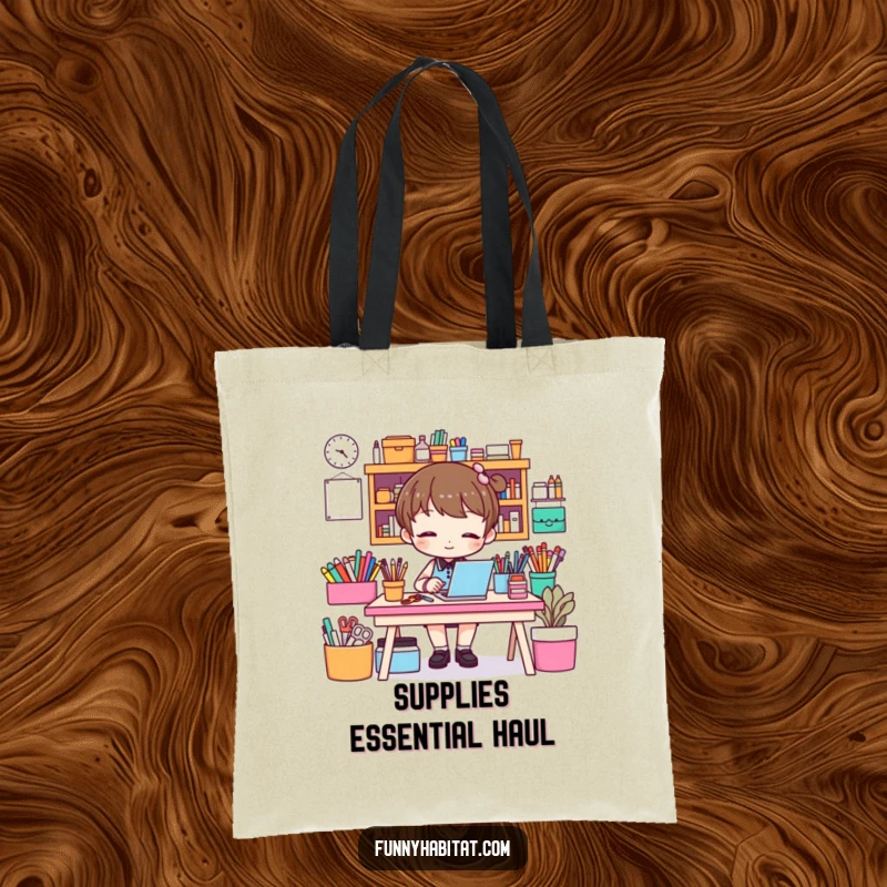 Funny tote bag showcasing a character neatly arranging colorful craft supplies, great for carrying essentials with a humorous touch.