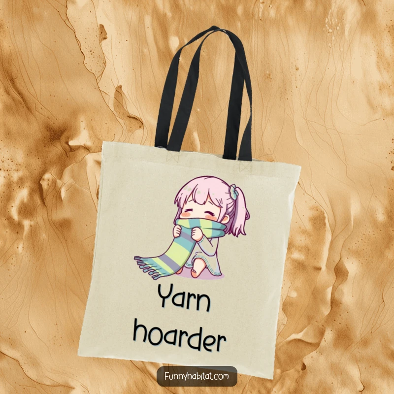 Funny tote bag featuring a character blissfully knitting a long, colorful scarf; a cheerful and practical accessory for crafters.